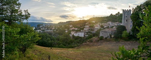 Panoramic View of the castle and Medieval Village of Esparron du Verdon in Provence in the south of France at sunset