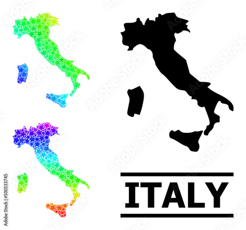 Spectral gradiented starred mosaic map of Italy. Vector colored map of Italy with spectral gradients. Mosaic map of Italy collage is done with chaotic colored star items.