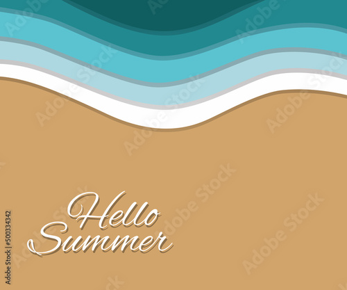 Abstract blue sea and beach summer background with paper waves and seacoast for banner, invitation, poster or website design. Paper cut style, 3d effect imitation, space for text, vector illustration