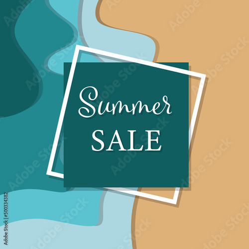 Abstract blue sea and beach summer background with paper waves and seacoast for banner, invitation, poster or website design. Paper cut style, 3d effect imitation, space for text, vector illustration