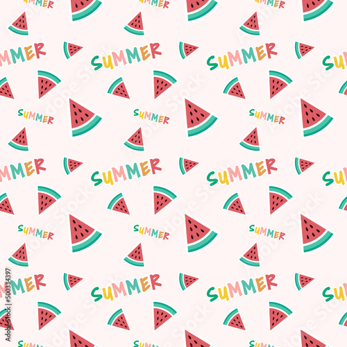 Colorful summer seamless pattern with tropical fruits, ice cream, and summer icons Memphis style. Summer seamless vector illustration.