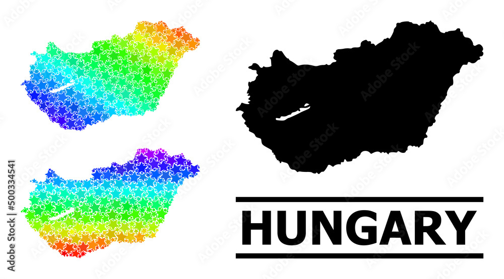 Spectrum gradiented star collage map of Hungary. Vector colored map of Hungary with spectrum gradients. Mosaic map of Hungary collage is created from randomized color star parts.
