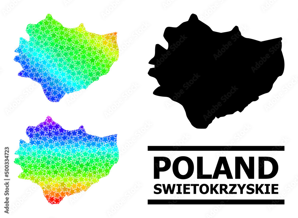 Spectral gradient star collage map of Swietokrzyskie Province. Vector colored map of Swietokrzyskie Province with spectral gradients.