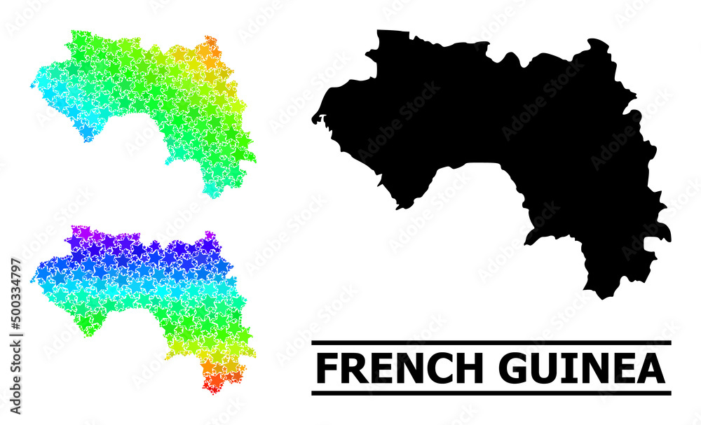 Spectral gradient stars mosaic map of French Guinea. Vector colorful map of French Guinea with spectral gradients. Mosaic map of French Guinea collage is constructed with random color star elements.