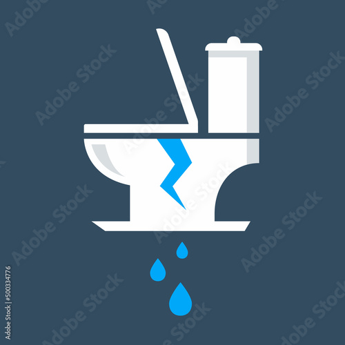 a broken broken toilet from which water flows. flat vector illustration.