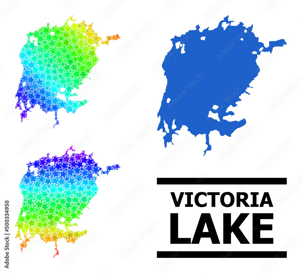 Spectral gradient star mosaic map of Victoria Lake. Vector colored map of Victoria Lake with spectral gradients. Mosaic map of Victoria Lake collage is designed with chaotic colorful star items.