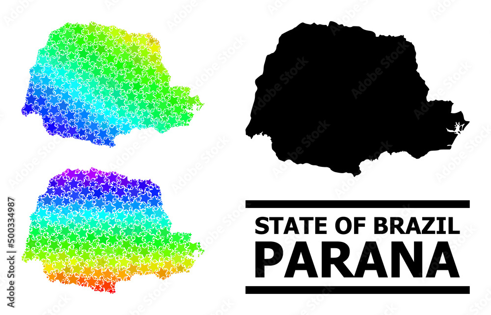 Rainbow gradiented star mosaic map of Parana State. Vector colored map of Parana State with spectrum gradients. Mosaic map of Parana State collage is constructed with chaotic colored star elements.