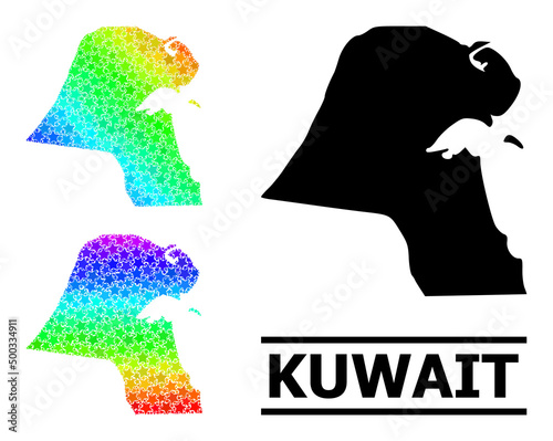 Spectral gradient star collage map of Kuwait. Vector colored map of Kuwait with spectral gradients. Mosaic map of Kuwait collage is organized of randomized colored star elements.