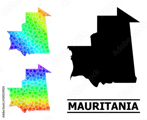 Spectral gradient star collage map of Mauritania. Vector colorful map of Mauritania with spectral gradients. Mosaic map of Mauritania collage is designed with randomized colorful star elements.