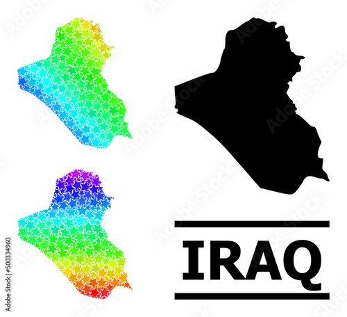 Spectral gradiented star collage map of Iraq. Vector colored map of Iraq with spectral gradients. Mosaic map of Iraq collage is composed with random colorful star items.