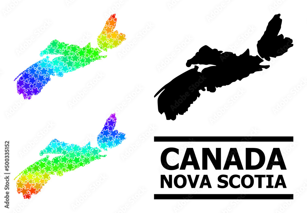 Spectrum gradient starred collage map of Nova Scotia Province. Vector colorful map of Nova Scotia Province with spectrum gradients. Spectrum gradient starred collage map of Nova Scotia Province. Vector colorful map of Nova Scotia Province with spectrum gradients.