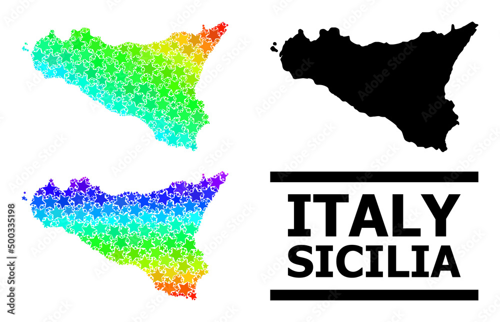 Spectrum gradient star mosaic map of Sicilia Island. Vector colored map of Sicilia Island with spectral gradients. Mosaic map of Sicilia Island collage is made of randomized colored star items.