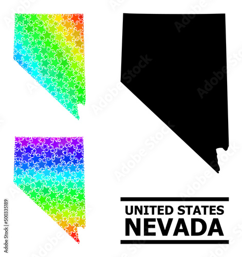Spectral gradient starred mosaic map of Nevada State. Vector vibrant map of Nevada State with spectral gradients. Mosaic map of Nevada State collage is formed with scattered colored star elements.