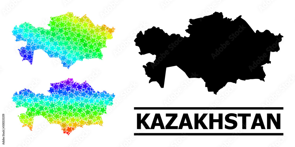 Rainbow gradient star collage map of Kazakhstan. Vector colored map of Kazakhstan with spectrum gradients. Mosaic map of Kazakhstan collage is done with scattered colorful star items.