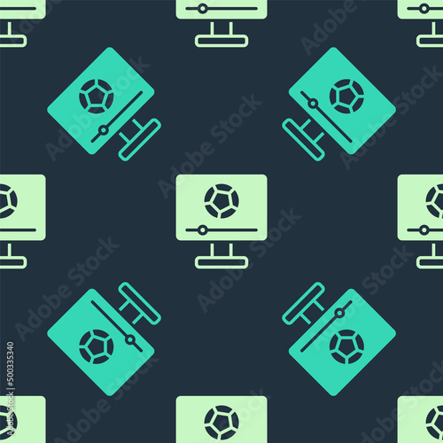Green and beige Football soccer match on TV icon isolated seamless pattern on blue background. Football online concept. Vector