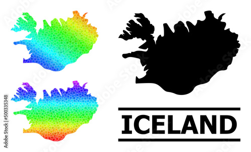 Spectrum gradient star collage map of Iceland. Vector colored map of Iceland with spectral gradients. Mosaic map of Iceland collage is organized with random color star parts.