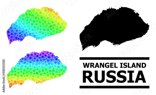 Spectral gradiented star mosaic map of Wrangel Island. Vector colorful map of Wrangel Island with spectral gradients. Mosaic map of Wrangel Island collage is done from random colorful star items.