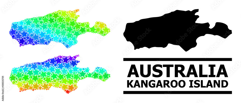 Spectrum gradiented star collage map of Kangaroo Island. Vector colored map of Kangaroo Island with spectrum gradients. Mosaic map of Kangaroo Island collage is made with random colored star items.
