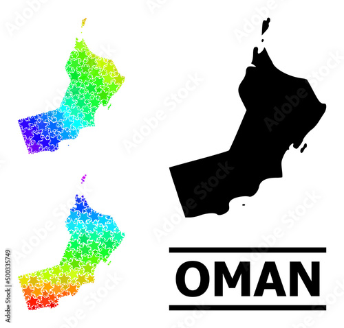 Rainbow gradiented star collage map of Oman. Vector colored map of Oman with spectral gradients. Mosaic map of Oman collage is designed with randomized colored star items.