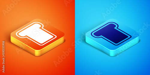 Isometric Bread toast for sandwich piece of roasted crouton icon isolated on orange and blue background. Lunch, dinner, breakfast snack. Vector
