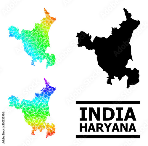 Spectral gradient star collage map of Haryana State. Vector colored map of Haryana State with spectral gradients. Mosaic map of Haryana State collage is made from scattered colored star elements.