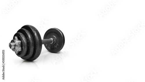Metal dumbbells. Isolated on white background. Gym, fitness and sports equipment symbol. Area for entering text