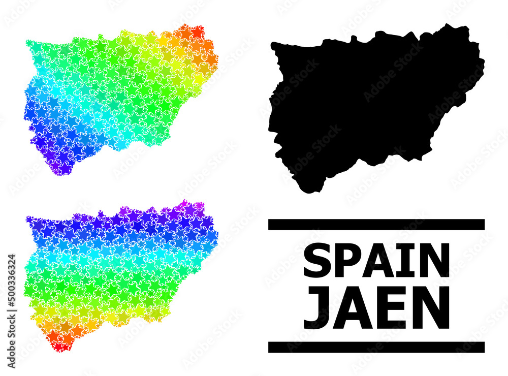 Rainbow gradient star mosaic map of Jaen Spanish Province. Vector vibrant map of Jaen Spanish Province with rainbow gradients.