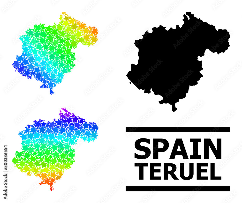 Spectrum gradiented star collage map of Teruel Province. Vector vibrant map of Teruel Province with spectrum gradients.