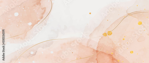Luxury watercolor art background with abstract coral and pink ink blots with gold elements for interior design, decor, packaging, wallpaper, banner.