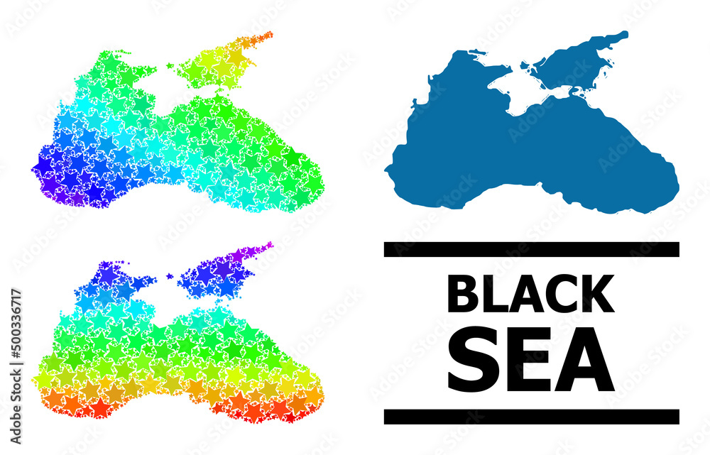 Spectrum gradiented starred mosaic map of Black Sea. Vector colorful map of Black Sea with spectral gradients. Mosaic map of Black Sea collage is composed with chaotic colorful star items.