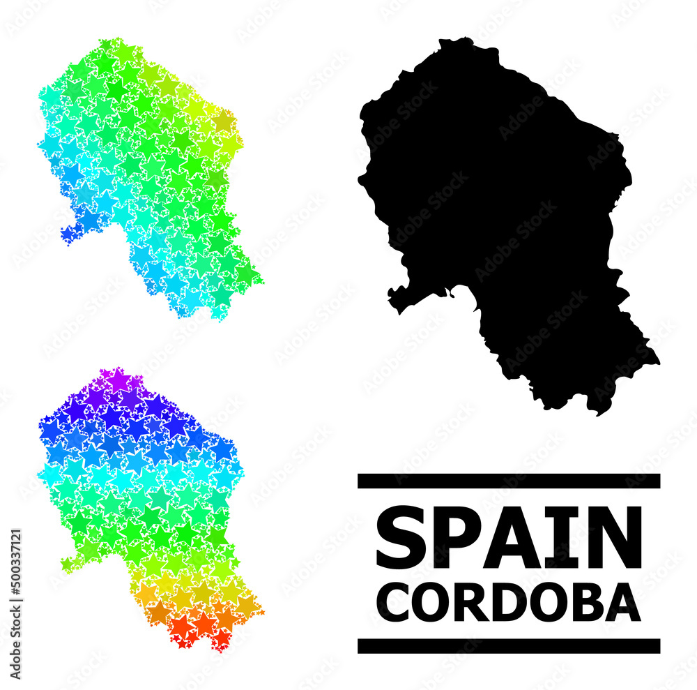 Spectral gradient star collage map of Cordoba Spanish Province. Vector colorful map of Cordoba Spanish Province with spectrum gradients.
