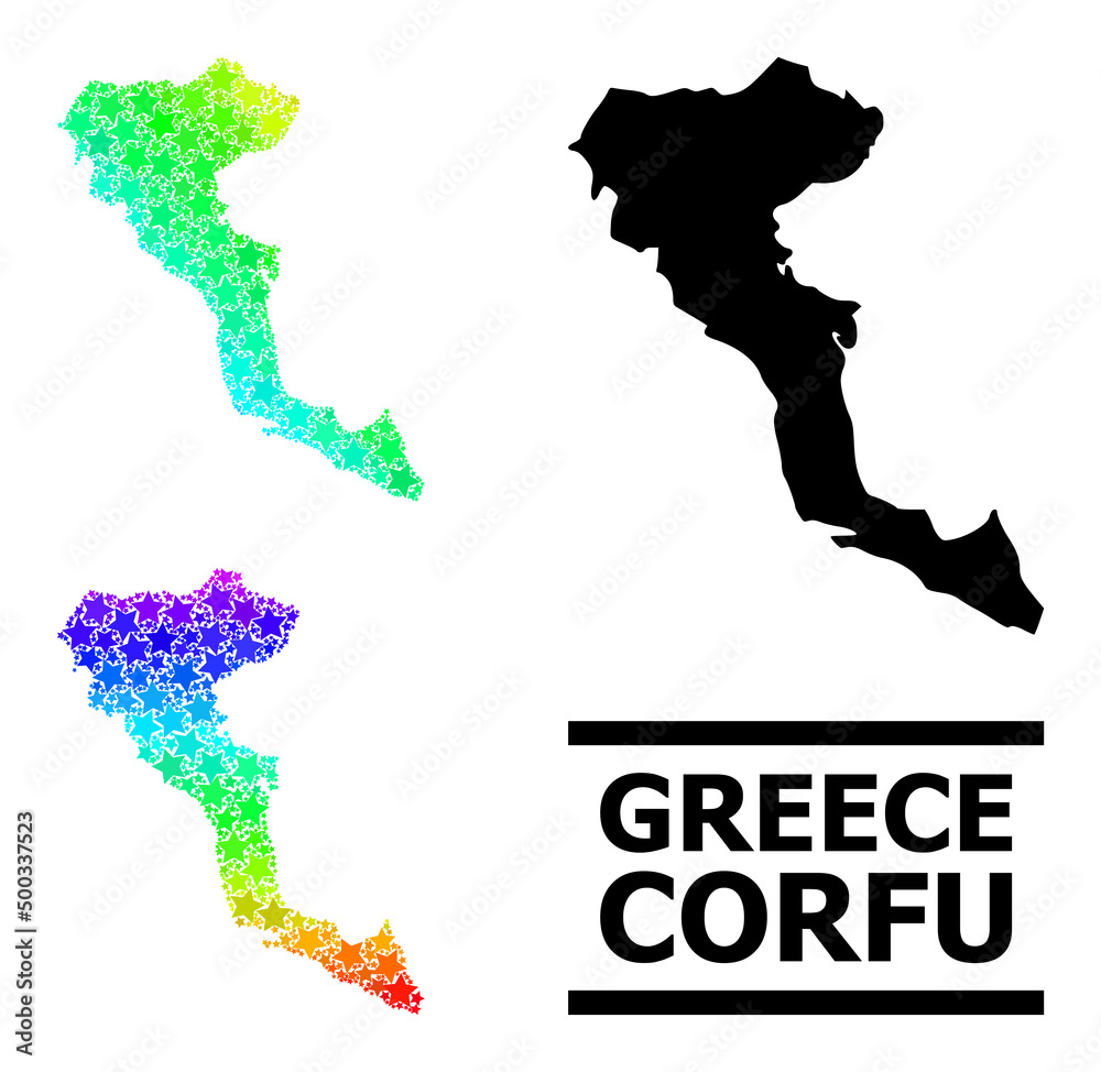 Spectral gradient starred mosaic map of Corfu Island. Vector vibrant map of Corfu Island with spectral gradients. Mosaic map of Corfu Island collage is created with scattered color star elements.