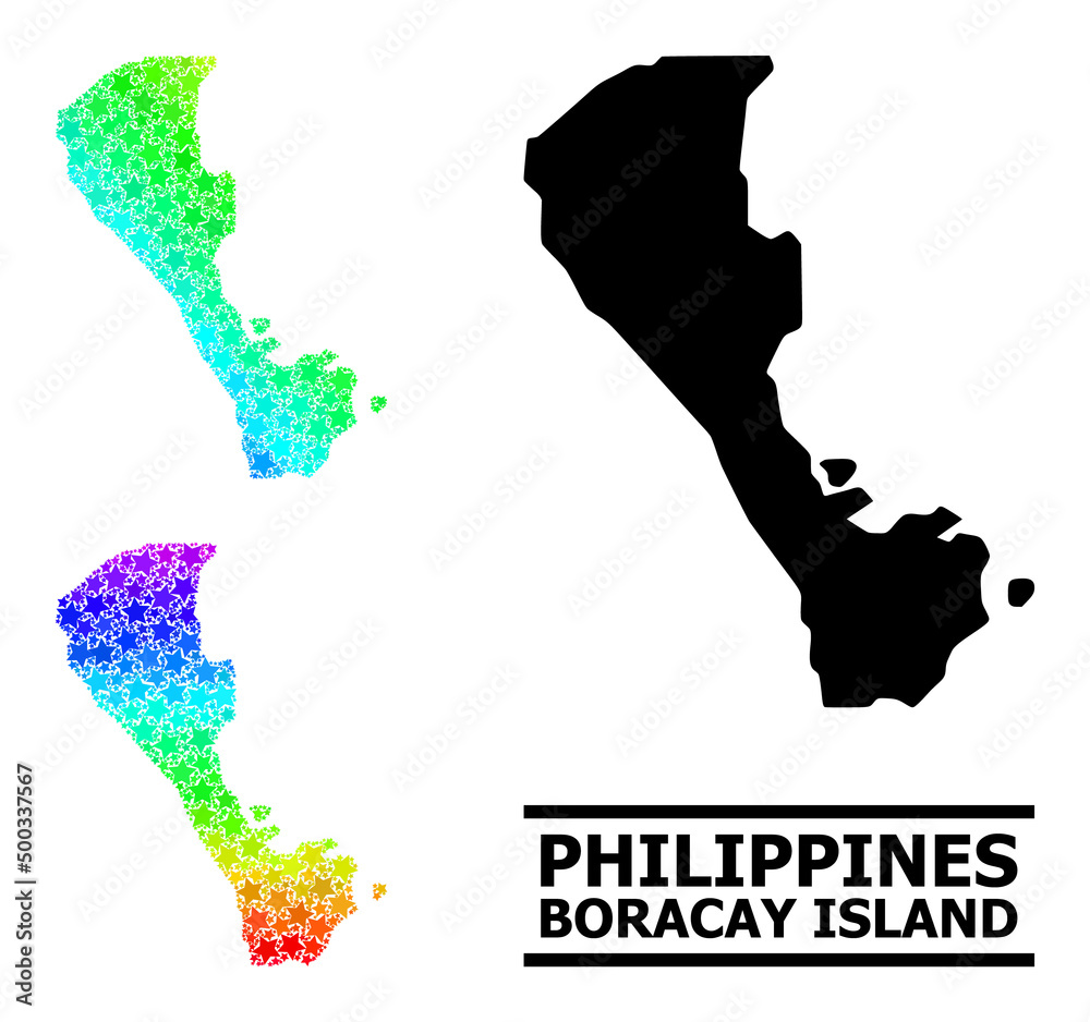 Spectral gradient star collage map of Boracay Island. Vector colored map of Boracay Island with spectral gradients. Mosaic map of Boracay Island collage is designed with scattered color star elements.