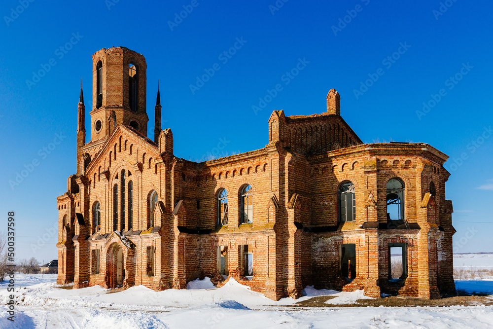Old abandoned Lutheran church Messer Ust Zolich in winter
