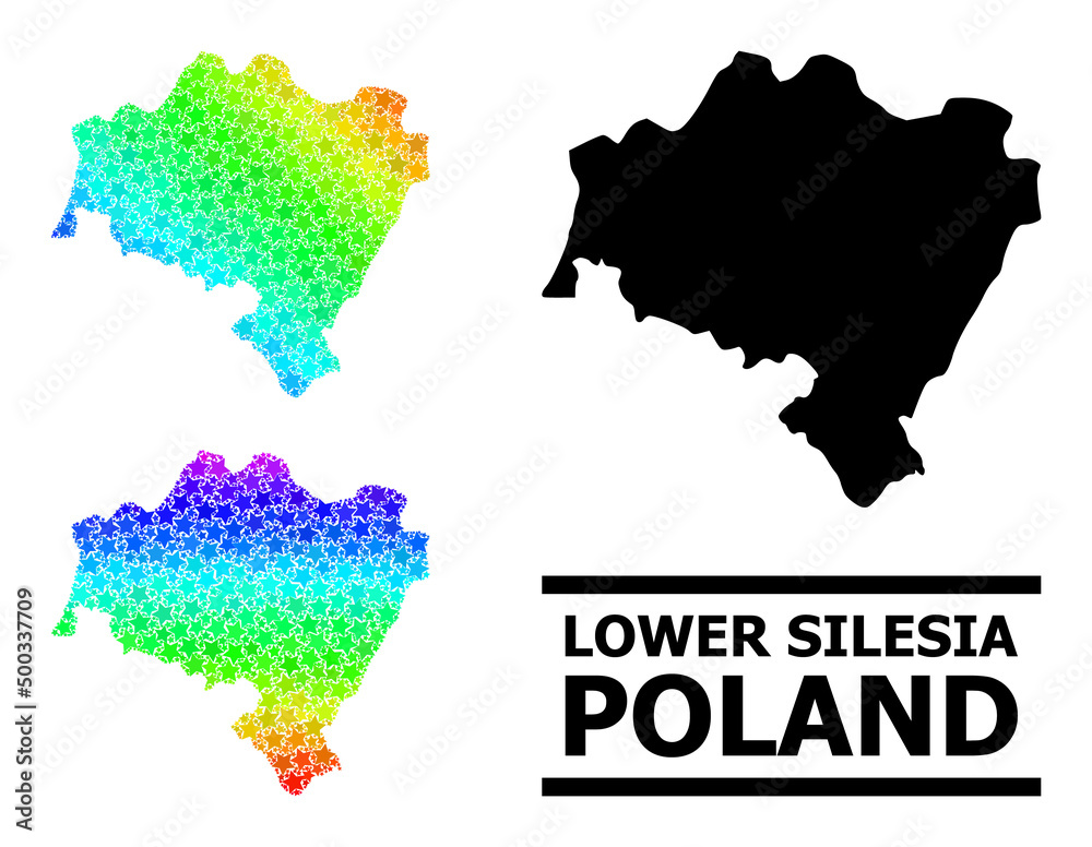 Spectrum gradient star mosaic map of Lower Silesia Province. Vector colored map of Lower Silesia Province with spectral gradients.