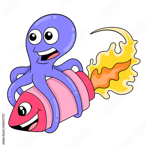 purple octopus smiling happily riding a flying missile, doodle icon image kawaii