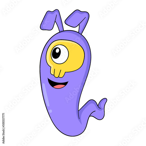 One eyed monster with long ears is smiling, doodle icon image kawaii