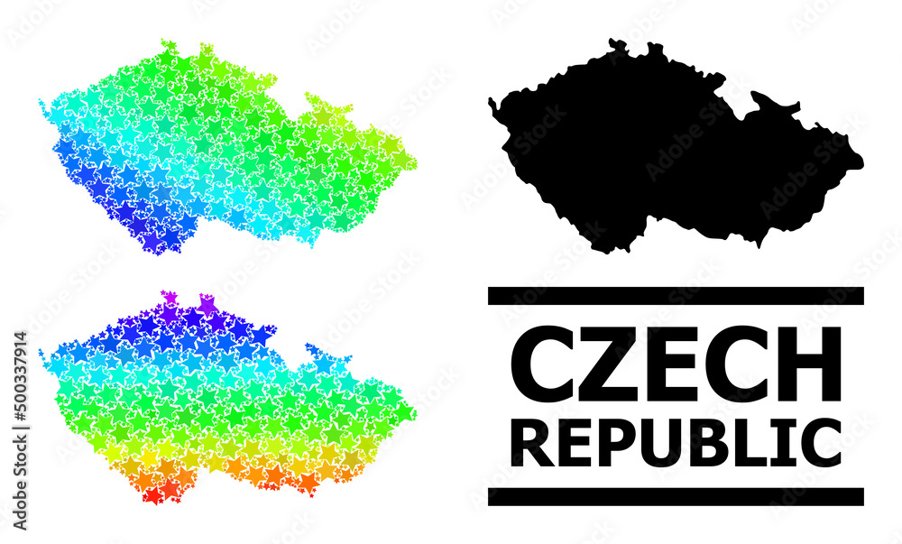 Rainbow gradiented star collage map of Czech Republic. Vector vibrant map of Czech Republic with rainbow gradients. Mosaic map of Czech Republic collage is composed with scattered colored star parts.