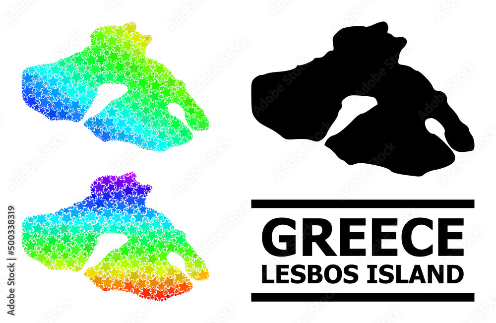 Rainbow gradiented star mosaic map of Lesbos Island. Vector colorful map of Lesbos Island with spectral gradients. Mosaic map of Lesbos Island collage is formed from random colorful star elements. Rainbow gradiented star mosaic map of Lesbos Island. Vector colorful map of Lesbos Island with spectral gradients. Mosaic map of Lesbos Island collage is formed from random colorful star elements.