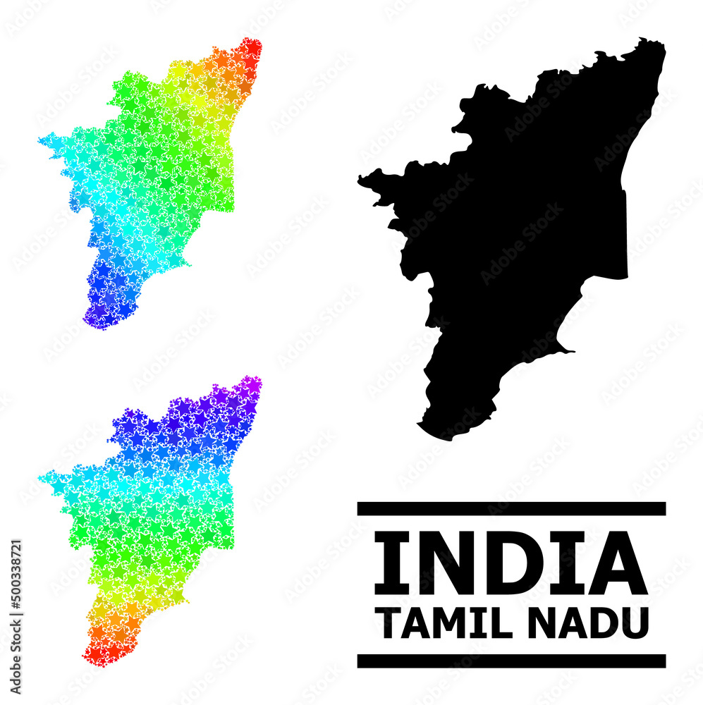 Spectrum gradient star mosaic map of Tamil Nadu State. Vector colored map of Tamil Nadu State with rainbow gradients. Mosaic map of Tamil Nadu State collage is made with random colorful star parts.