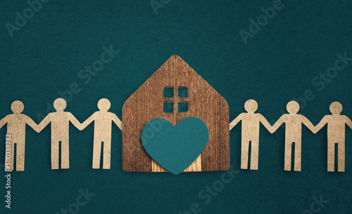 Unity and friendship of neighbors. House and community. Love and relationship of neighborhood and family. Paper textured with papercut style.