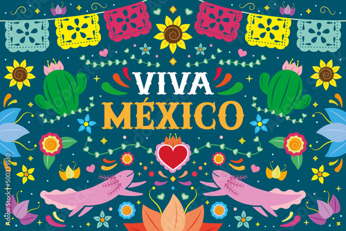 Mexican culture colorful background design with axolotls and flowers