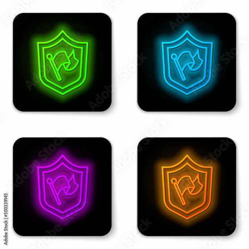 Glowing neon line Shield with flag icon isolated on white background. Victory  winning and conquer adversity concept. Black square button. Vector