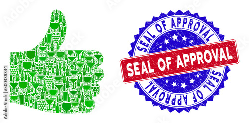 Vector thumb up icon wine composition with grunge bicolor Seal of Approval seal stamp. Red and blue bicolored seal with scratched texture and Seal of Approval slogan.
