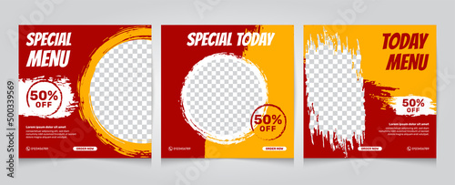 social media template design for food, with brush variations suitable for post restaurant advertising and digital culinary promotion, red and orange backgrounds.