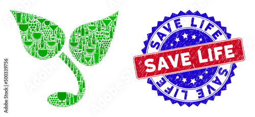 Vector sprout icon wine combination and grunge bicolor Save Life seal stamp. Red and blue bicolored seal with rubber surface and Save Life slogan. Sprout mosaic icon composed with wine glasses,