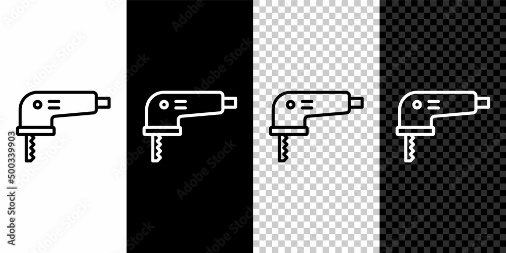 Set line Electric jigsaw with steel sharp blade icon isolated on black and white, transparent background. Power tool for woodwork. Vector Set line Electric jigsaw with steel sharp blade icon isolated on black and white, transparent background. Power tool for woodwork. Vector