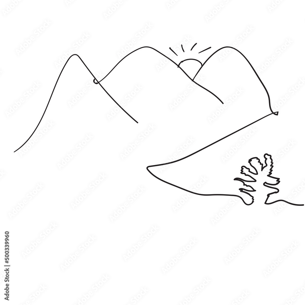 Continuous line drawing mountains with green trees and sunrise. Illustration icon vector Continuous line drawing mountains with green trees and sunrise. Illustration icon vector