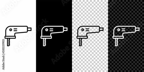 Set line Electric jigsaw with steel sharp blade icon isolated on black and white, transparent background. Power tool for woodwork. Vector
