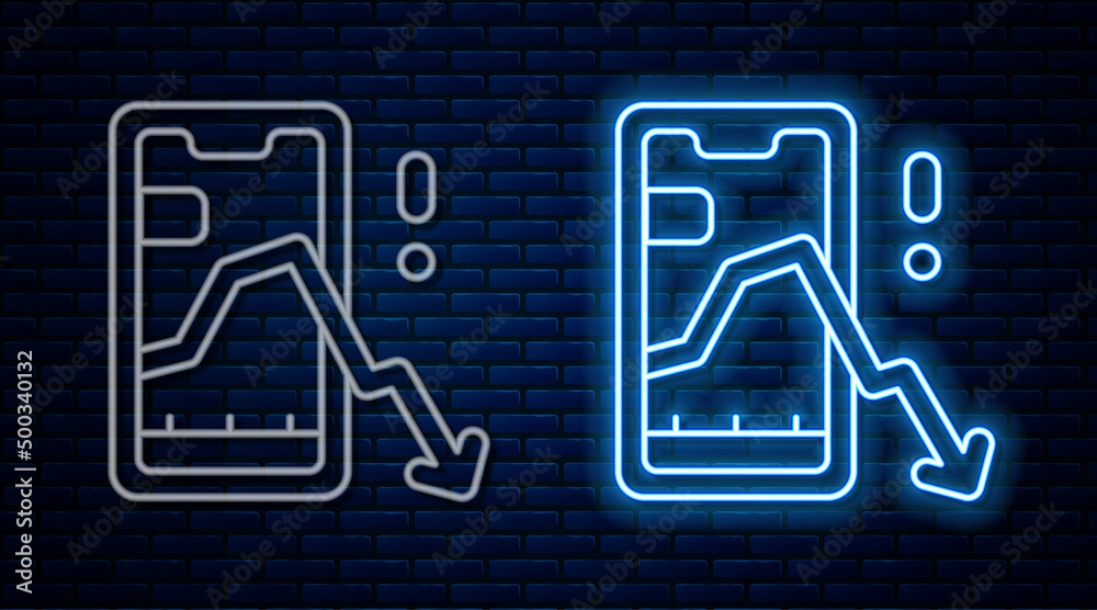 Glowing neon line Mobile stock trading concept icon isolated on brick wall background. Online trading, stock market analysis, business and investment. Vector Glowing neon line Mobile stock trading concept icon isolated on brick wall background. Online trading, stock market analysis, business and investment. Vector